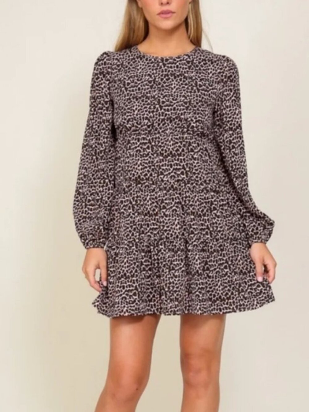 Tiered Mini Dress Lumiere Leopard Print Black Brown Long Sleeve Small